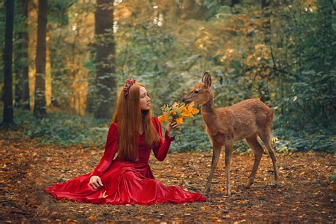 Women Model Redhead Profile Forest Dress Red Dress Depth Of Field Deer Outdoors Women Outdoors