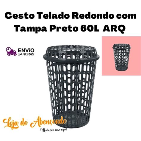 Cesto De Roupa Suja Redondo Telado L Preto Tampa Telada Para