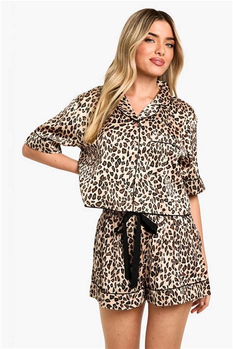 Leopard Satin Button Through Shirt And Shorts Pyjama Set Boohoo Uk