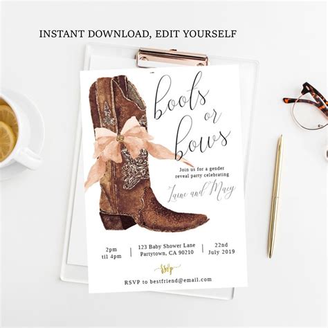 Boots Or Bows Gender Reveal Invite Printable Edit Yourself