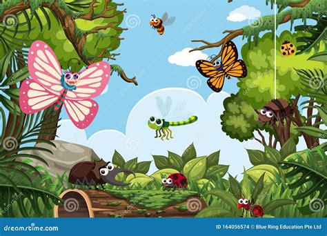 Insects in jungle scene stock illustration. Illustration of animals ...