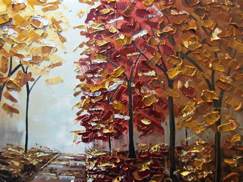 Original Palette Knife Painting Autumn Trees Textured Birch