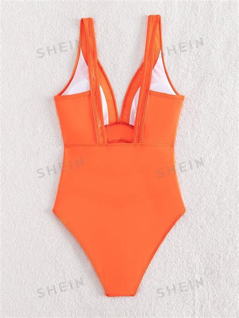 Shein Swim Contrast Mesh Ruched Plunging One Piece Swimsuit Summer