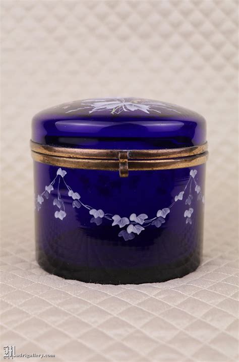 Big Antique Dresser Vanity Jar Enameled Cobalt Blue Glass Jewelry Trinket Box Floral Flowers