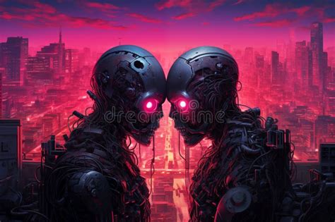 Alien Love Loving Couple Of Metallic Robots Stock Illustration