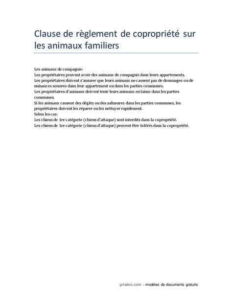 Clause de règlement de copropriété sur les animaux familiers DOC PDF