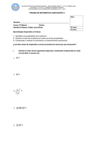 Prueba De Matemática Coeficiente 2 8º 1 Pdf