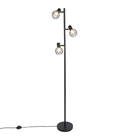 QAZQA Design Vloerlamp Zwart 3 Lichts Verstelbaar Mesh Zwart Leen