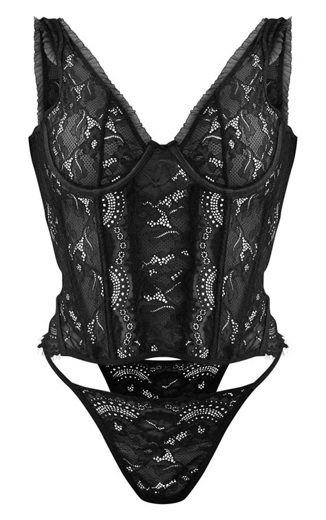 Ensemble de lingerie corset noir en dentelle à volants armatures