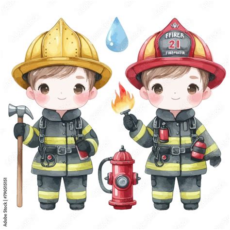 Cute Firefighters Clipart Bundle Watercolor Fire Department Png