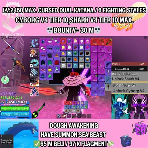 Bounty 30 MCyborg V4 Tier 10 Shark V4 Tier 10 Max Lv 2450 Max Dough