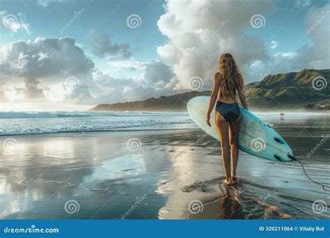 Bikini Clad Woman Holds A Surfboard On The Sandy Beach Ready To Hit