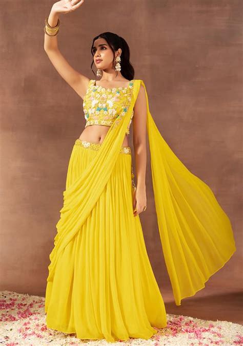 Buy Women Yellow Pre Stitched Saree Set With Multicolour Floral Hand