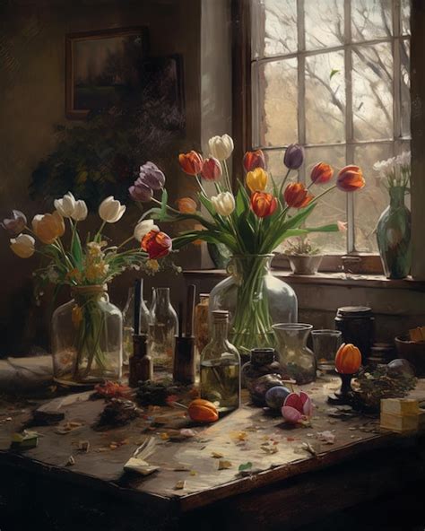 Premium Photo | A painting of a table with a vase of flowers on it