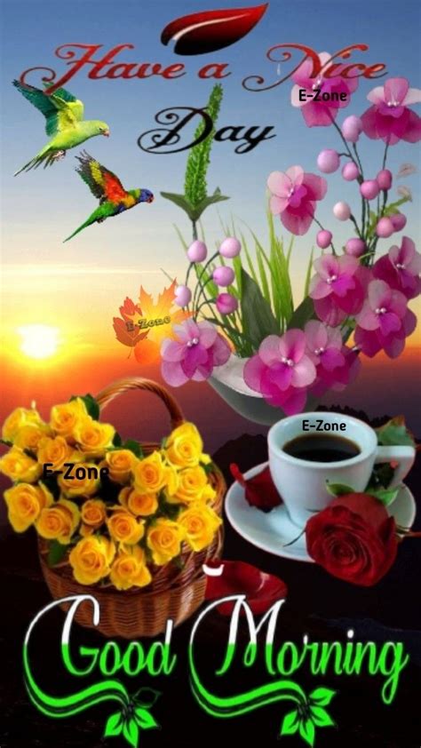 Good Morning Have A Nice Day With Flowers And Cup Of Coffee On The