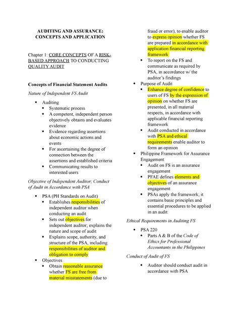 Notes Auditing And Assurance Concepts Application Auditing And