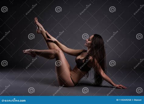 Beautiful Woman In Lingerie Posing On Gray Studio Background Perfect Female Body Stock Photo