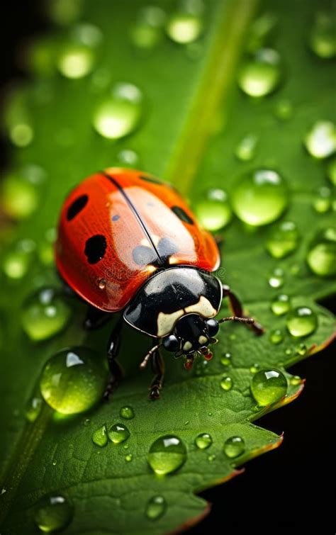 Ladybug On A Green Leaf With Dew Drops A Symbol Of Good Luck And The