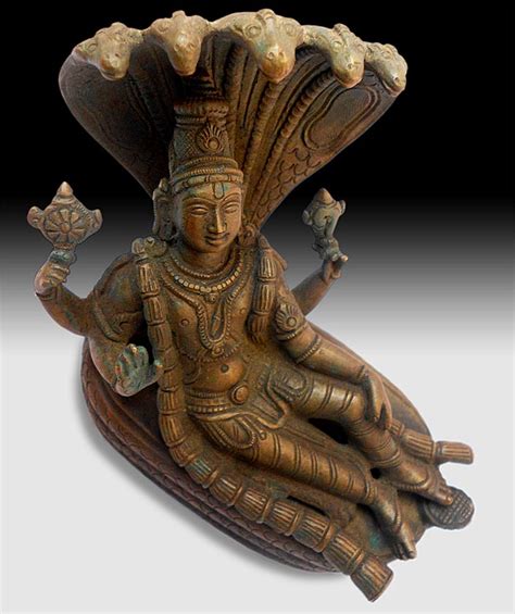 Antique Hindu Shrine Anantashayi Vishnu On Shesha Serpent Bronze Statue