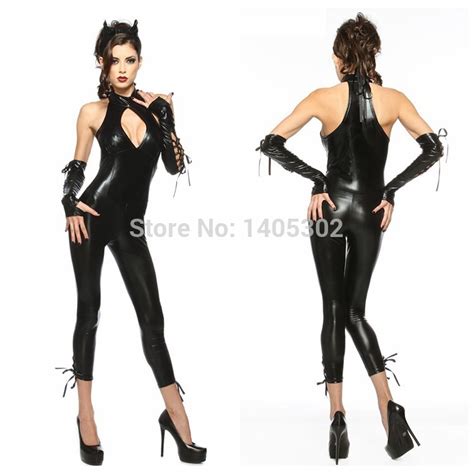 2015 New Exotic Sexy Lingerie Leather PVC Catsuit Catwoman Halloween