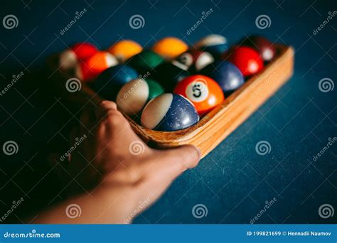 Multi Colored Billiard Balls On A Blue Table Stock Image Image Of