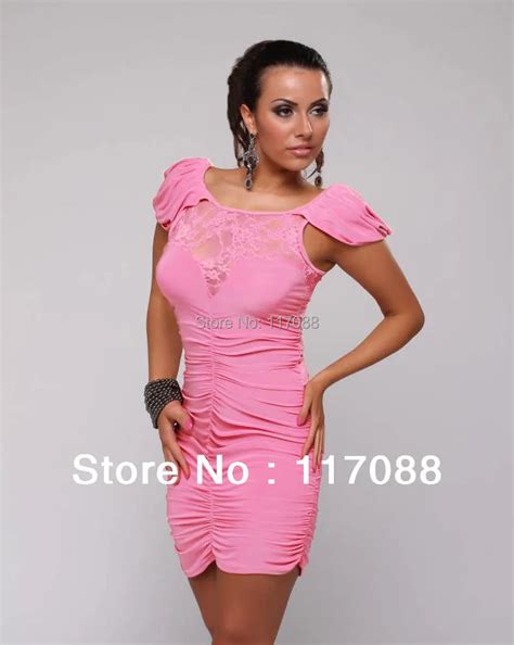 Free Shipping Pink Sexy Puff Sleeve Fashion Summer Dress With Lace