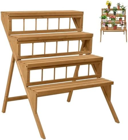 Unho Wood Plant Ladder Bench Tiered Plant Stand Step Planter Indoor