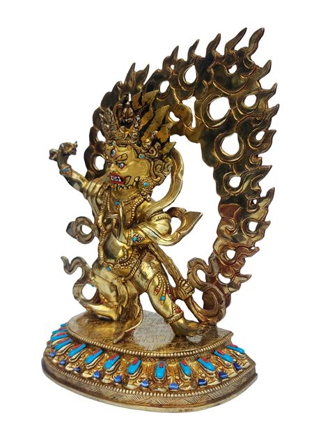 Vajrapani Buddhist Handmade Statue Face Painted Gold Plated Stone