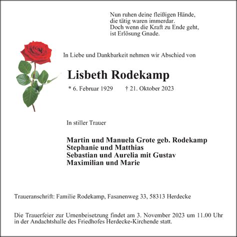 Traueranzeigen Von Lisbeth Rodekamp Trauer In Nrw De