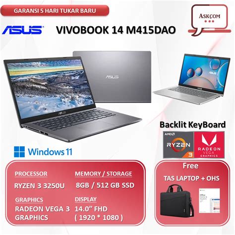 Jual Laptop Asus Vivobook M415dao Fhd351fhd352 Ryzen 3 3250 8gb 512ssd