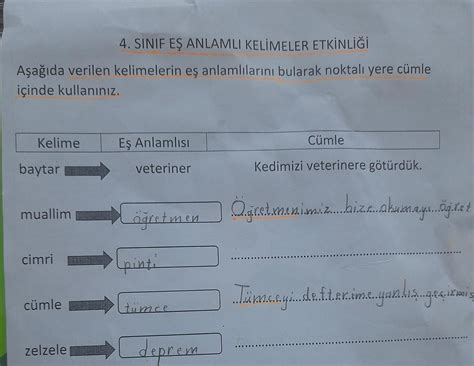 4 SINIF EŞ ANLAMLI KELİMELER ETKİNLİĞİ Aşağıda verilen kelimelerin eş