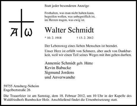 Traueranzeigen Von Walter Schmidt Trauer In Nrw De