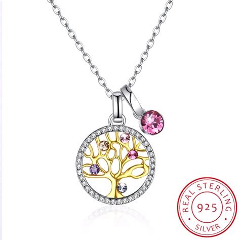 Lekani Sterling Silver Tree Of Life Round Pendant Necklaces Crystal