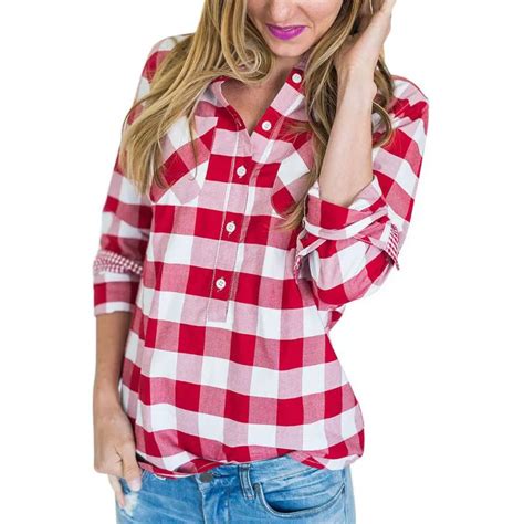 New 2018 Elegante Red White Plaid Shirt Women Long Sleeve Blouse Women