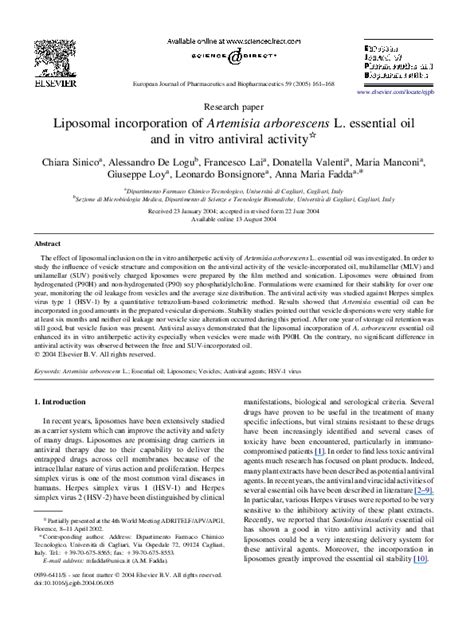 Pdf Liposomal Incorporation Of Artemisia Arborescens L Essential Oil