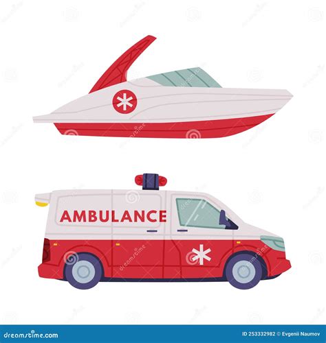 Van Or Truck With Siren And Motor Boat As Ambulance Emergency Rescue