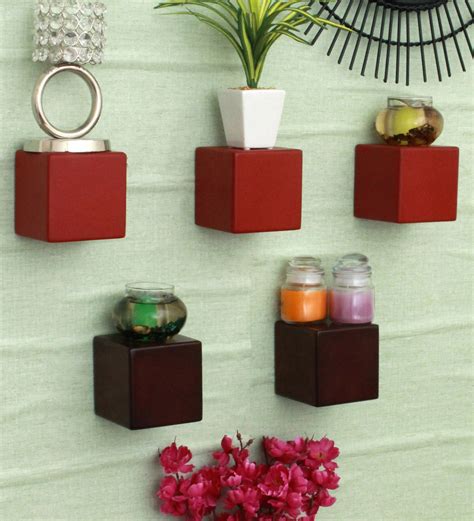 Buy Set Of Engineered Wood Cube Wall Shelf In Red Colour Be Floating