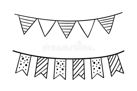 Doodle Party Bunting Flags Set Black Line Sketch Garlands Stock