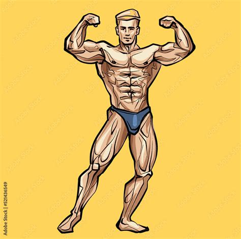 Bodybuilder Muscle Man Fitness Posing Colored Isolated Hand Drawing Vector Illustration Image