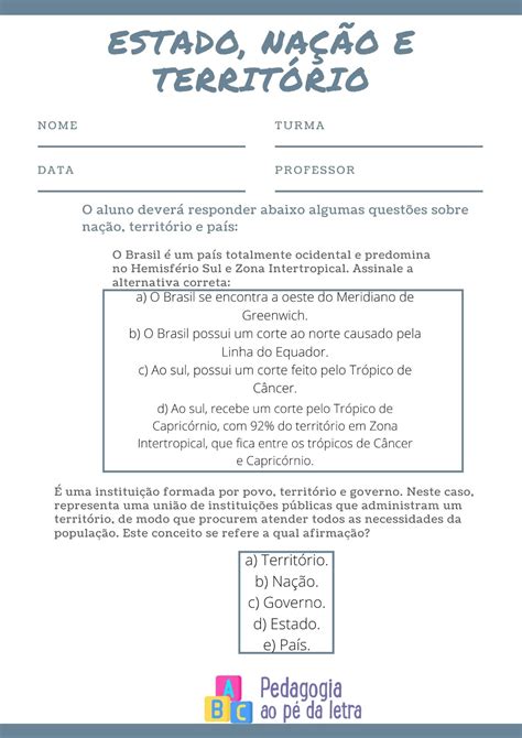 5 Atividades De Geografia Sobre Estado Nação Território E País Para