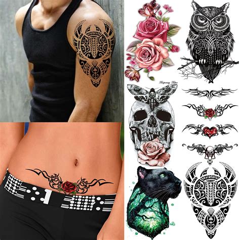 Coktak 46 Sheets Large Skull Maori Warrior Temporary Tattoos For Men Realistic Tiger Owl Flower