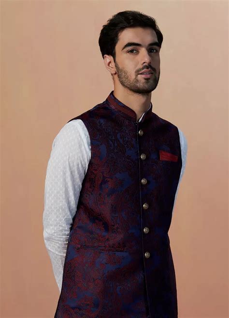 Buy Maroon And Blue Contrast Jacket Online In India Manyavar Nehru