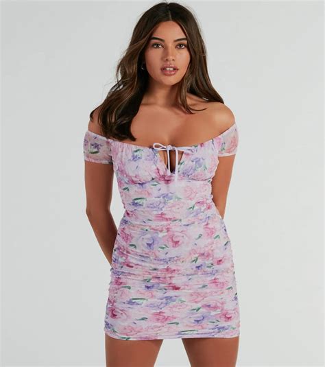 Sweet Charm Off The Shoulder Floral Mesh Mini Dress And Windsor