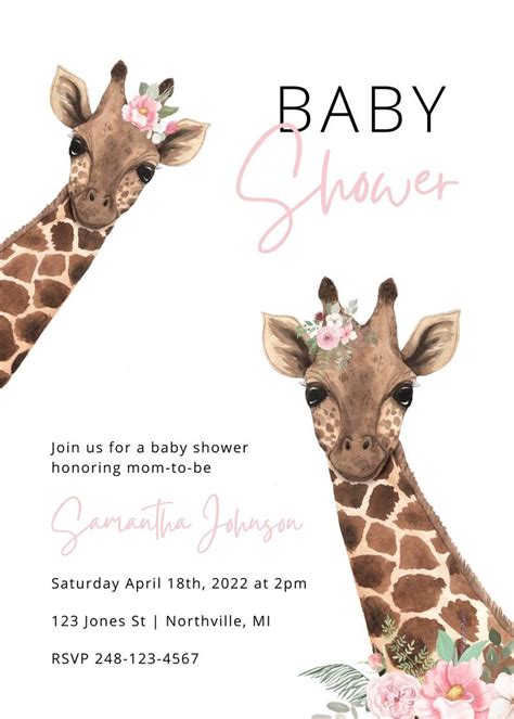 Giraffe Baby Shower Invitation Template Girl Pink Baby Shower Etsy