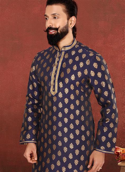 Shop Navy Blue Jacquard Silk Kurta Pyjama Party Wear Online At Best