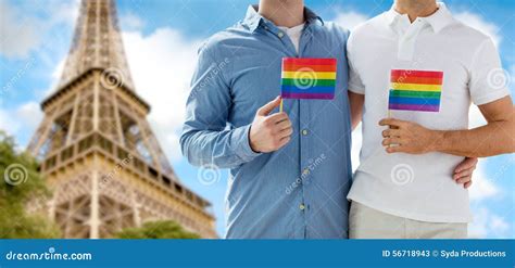 Close Up Of Male Gay Couple With Rainbow Flags Stock Image Image Of