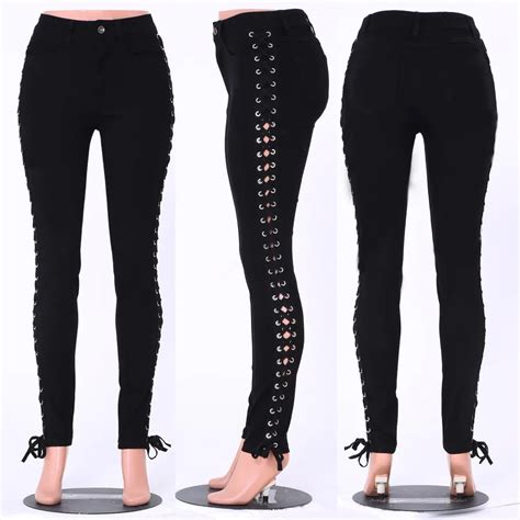 2018 Autumn New Women Plus Size Jeans Lace Up Denim Side Hollow Pants