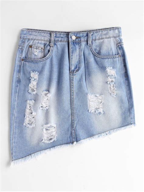 33 OFF 2021 Ripped High Waist Asymmetric Denim Skirt In LIGHT BLUE