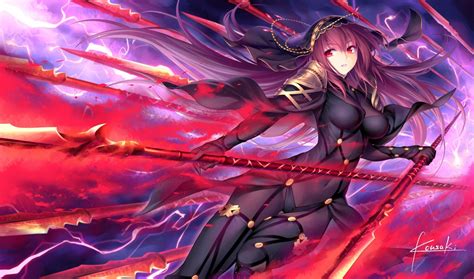 Wallpaper Long Hair Anime Girls Weapon Purple Hair Red Eyes