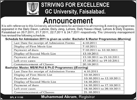 Admission In Pakistan Admission Schedule Of Gc University Faisalabad